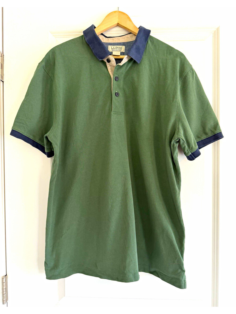 L.L. Bean Casco Bay Polo Men's L-Reg Olive Green Pique w/ Navy Collar Preppy